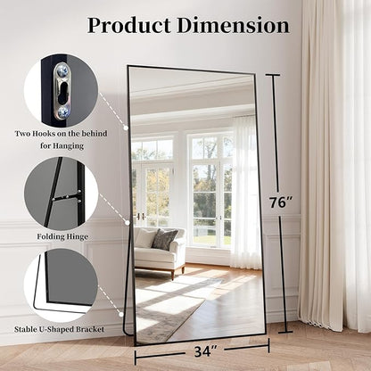 Full Length Mirror, 76"x34" Large Floor Mirror with Stand, Tall Full Body Mirrors for Bedroom, Hanging Mounted for Living Room Cloakroom, Aluminum Alloy Frame, Black