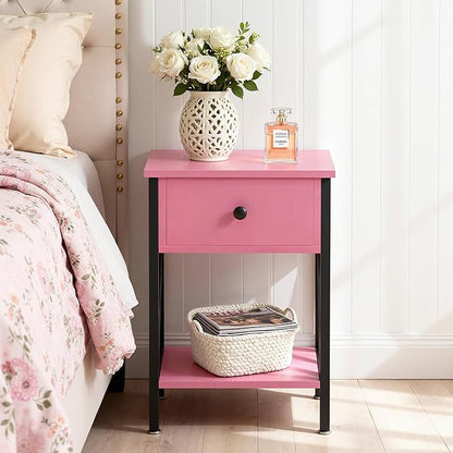 VECELO Nightstand,Modern Bedside End Table, Night Stand with Drawer and Storage Shelf for Living Room Bedroom, Industrial Metal Frame