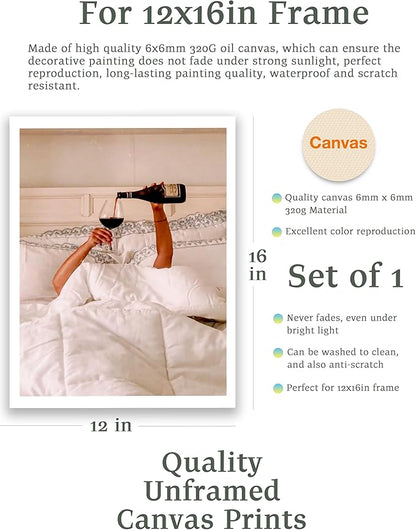 EcoHest Unframed Woman Drinking Wine in Bed Wall Art, 12x16 in OAK Wood Feminist Alcohol Canvas Art, Trendy Teen Girl Bar Cart Print College Room Decor, Beige Logs Set of 1 For Bedroom Living Room