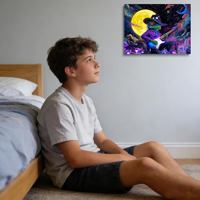 12x16 Trippy Space Purple Frog Canvas Wall Art, Watercolor Framed Outer Funny Guitar Player Kids Sci-fic Room Decor Teen Boy Bedroom Cool Posters Children Home Prints Painting for Living Room Bathroom