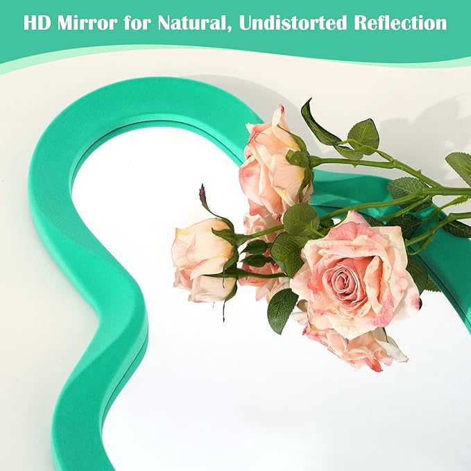 Irregular Wall Mirror Living Room Decor, Cloud Decorative Mirrors with Flocking Touch, 13.8x29.7 Modern Wavy Mirror for Hallway Entryway Staircase, Over the Bed Wall Art Decoration (Green)