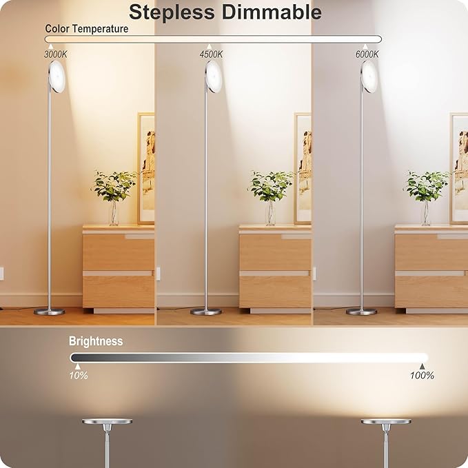 Dimmable Floor Lamp with Remote，Floor Lamps for Living Room Bedroom Office，Adjustable Brightness (10%-100%)and Color Temperature (3000k- 6000k )，Standing Lamp Tall Lamp with Foot Switch (nickel)