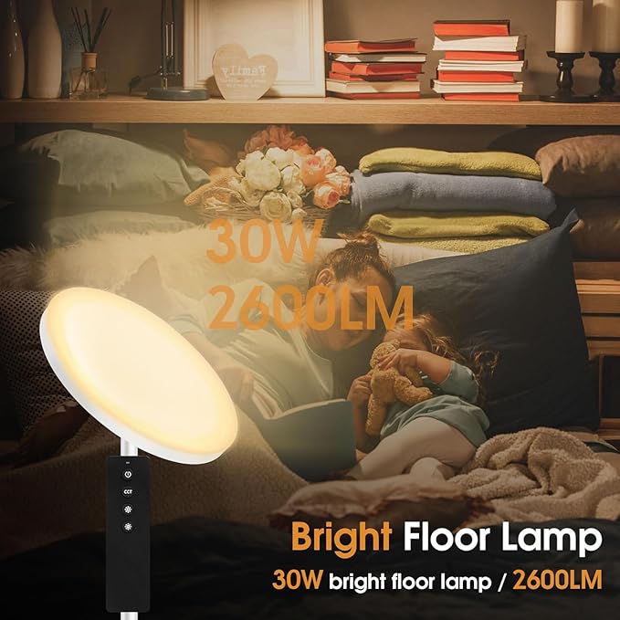 hanaking 30W/2600LM Bright Floor Lamp with Remote Control, RGB Color Changing Torchiere Floor Lamp, Stepless Adjust Color Temperatures and Brightness for Bedroom and Play Room