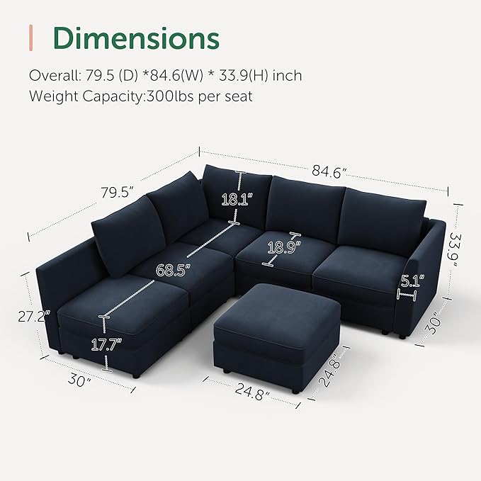 HONBAY Modular Sectional Couch L Shaped Sectional Sofa with Storage Velvet Convertible Sectional Couches for Living Room,Dark Blue