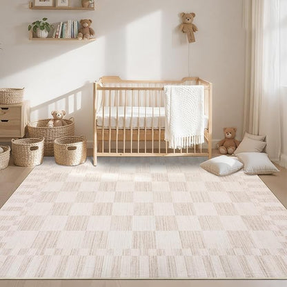 GarveeHome Beige Checkered Rug,Washable 3x5 Rug Non Slip for Entryway,Modern Soft Low-Pile,Neutral Farmhouse Geometric Checkerboard Rug,Small Area Rugs for Bedroom Kitchen Dining Room