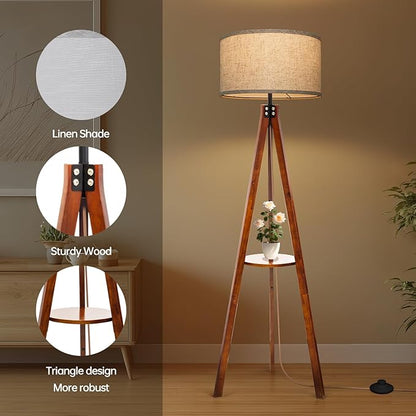 EOEYYOYB Floor Lamps with Shelf, Modern Standing Lamp with 3 Color Temperature Led Bulb, Tall Lamps with Foot Switch for Living Room Bedroom and Office, Walnut