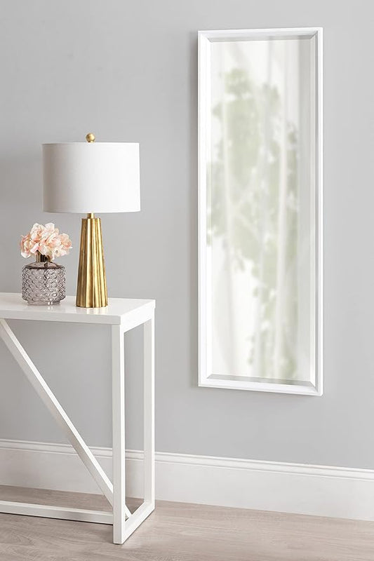 Kate and Laurel Calter Modern Framed Full Length Wall Mirror, 17.5 x 49.5, White, Decorative Rectangular Wall Mounted Full Body Beveled Mirror for Glam Wall Decor