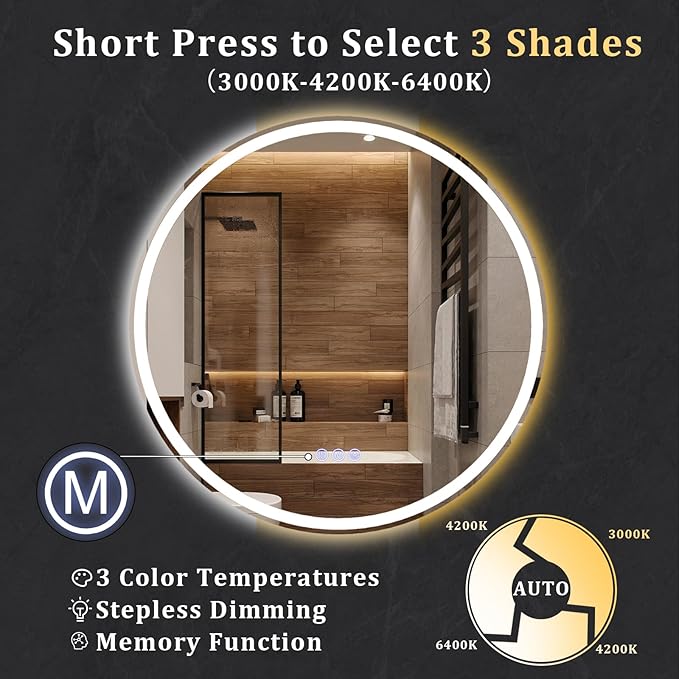 BEAUTYPEAK 24x24 LED Round Bathroom Mirror with Lights, Anti-Fog, Dimmable, Backlit + Front Lit, Lighted Bathroom Vanity Mirror for Wall, 3 Colors, Memory Function, Tempered Glass, Shatter-Proof
