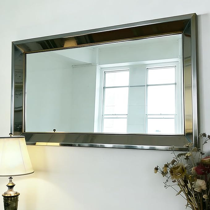 Chende Large Living Room Wall Mirror with Angled 2" Stainless Steel Frame, 24"x 52" Rectangular Decorative Mirror for Bathroom, Entryway, Fireplace Mantle, Modern, Horizontal/Vertical Hanging