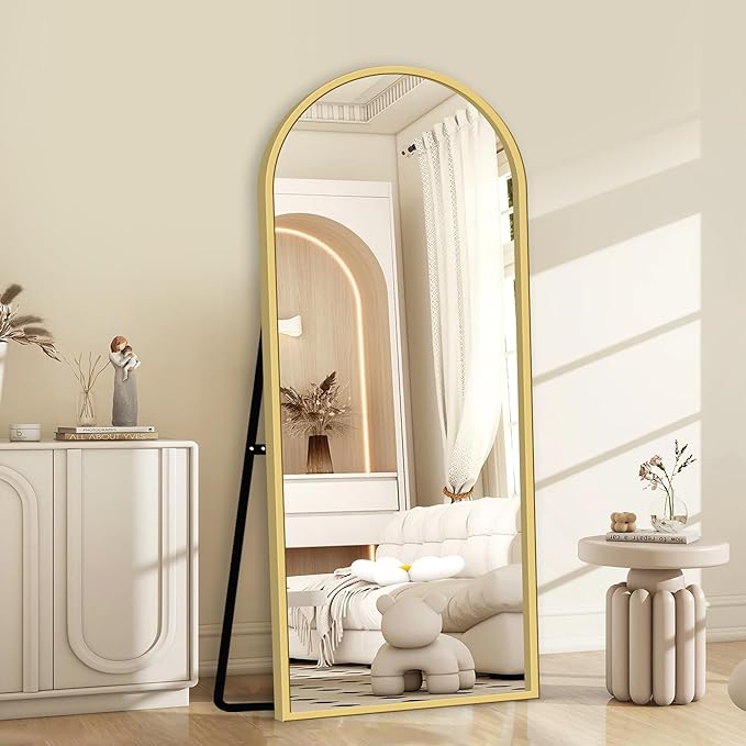 GlasFlength Full Length Mirror with Stand, 64"x21" Arched Full Body Mirror with Aluminum Alloy Frame, Wall-Mounted/Leaning Against Wall/Standing Floor Mirror for Bedroom, Living Room, and Entryway