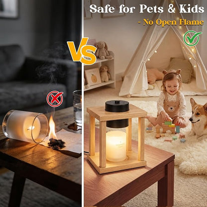 Candle Warmer Lamp Wood with Timer, Dimmable Electric Candle Lamp Warmer for Jar Candles, 2 * 35 Watt Bulb, Birthday Gifts for Women Mom, Decorative Wooden Candle Lamp for Bedroom Home Decor