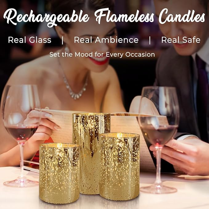 LEDHOLYT Rechargeable Flameless Candle, Flickering LED Pillar Glass Fake Candle with Remote and Timer, Built-in Battery Real Wax Electronic Candle for Room Decoration, Set of 3