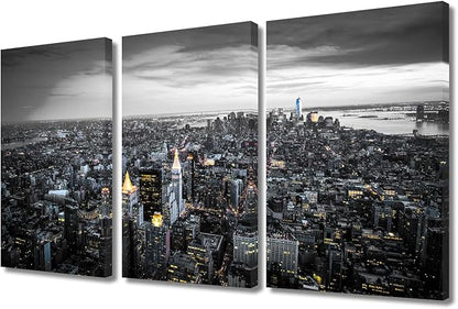 TUMOVO American Cityscape Black and White Wall Art 3 Panels Manhattan Skyscrapers City Skyline Wall Decor Living Room Nighttime Lightscape Modern Home Decor Framed Ready to Hang (36" Wx24 H)