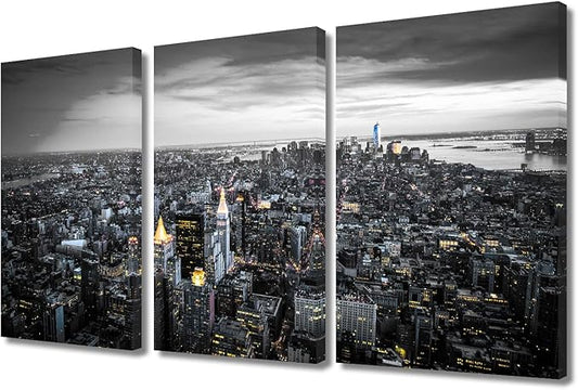 TUMOVO American Cityscape Black and White Wall Art 3 Panels Manhattan Skyscrapers City Skyline Wall Decor Living Room Nighttime Lightscape Modern Home Decor Framed Ready to Hang (36" Wx24 H)