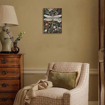 Framed Vintage Canvas Wall Art Dark Green Dragonfly Flower Pictures Wall Decor Boho Floral Botanical Prints Nature Artwork Paintings for Living Room Bedroom Bathroom 16x24in