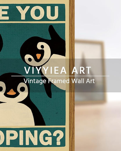 VIYYIEA Framed Canvas Wall Art Home Decor Penguin Probe Canvas Prints, Vintage Home Decoration, Animals Painting Picture, Bathroom Wall Decor Gifts for Friends or Family - 16L x 12W