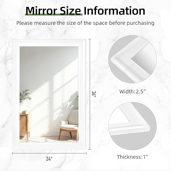 White Bathroom Mirror 24x36 Inch, Wood Framed Rectangle Mirrors for Wall with Tempered Glassr for Bedroom Living Room or Entryway, Vertical or Horizontal Hanging