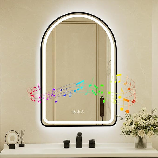 24x36 Inch Arched Black Framed LED Bathroom Mirror with Lights, Built-in Bluetooth Speaker,Tempered Glass,Dimmable Lighted Bathroom Vanity Mirror with 3 Colors, Backlit + Frontlit, Memory, Anti-Fog