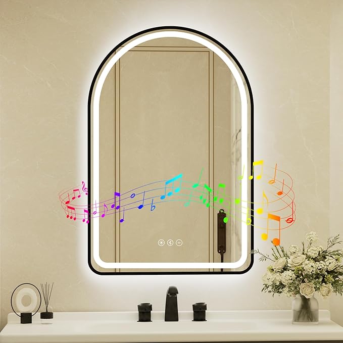 22x32 Inch Arched Black Framed LED Bathroom Mirror with Lights, Built-in Bluetooth Speaker,Tempered Glass,Dimmable Lighted Bathroom Vanity Mirror with 3 Colors, Backlit + Frontlit, Memory, Anti-Fog