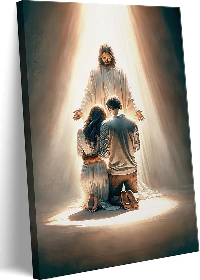 Jesus Blesses Couple Canvas Wall Art Couple Kneeling and Praying to Jesus Wall Decor Picture Christianity Christ Postre Print for Bedroom Living Room Church Prayer Room Artwork Home Decoration