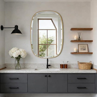 POZINO Bathroom Beveled Mirror, 24"x32" Brushed Gold Vanity Mirrors for Over Sink, Modern Rectangle Aesthetic Wall Mirror in Premium Stainless Steel Frame, Horizontal or Vertical Hanging