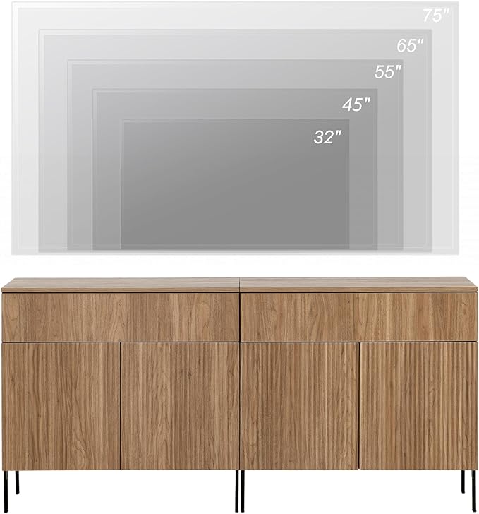 WAMPAT Fluted TV Stand TVs up to 70 inch, 63" W Modern TV Entertainment Center with Storage Cabinets and 2 Drawers & 4 Doors, Wood Media TV Console Table with Storage for Living Room, Light Walnut