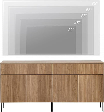 WAMPAT Fluted TV Stand TVs up to 70 inch, 63" W Modern TV Entertainment Center with Storage Cabinets and 2 Drawers & 4 Doors, Wood Media TV Console Table with Storage for Living Room, Light Walnut