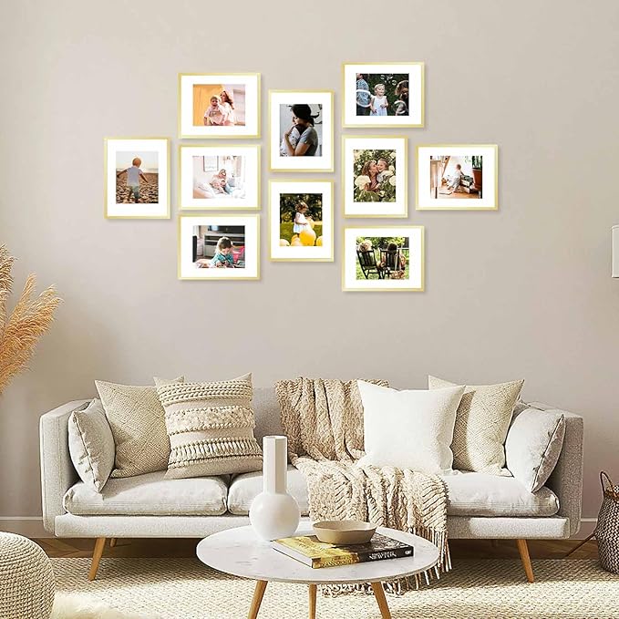 JCJMY 10 Packs 11x14 Picture Frames, Display 8x10 with Mat or 11x14 Without Mat, Gallery Wall Frame Set, 11 by 14 Frames Bulk Set of 10 Collage Wall Decor Photo Frames Set for Wall, Gold