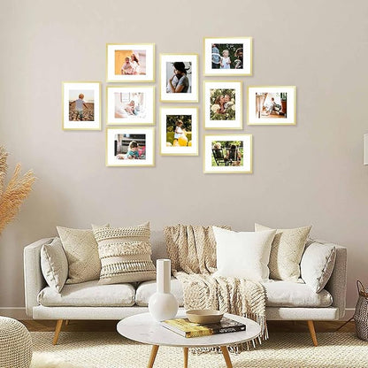 JCJMY 10 Packs 11x14 Picture Frames, Display 8x10 with Mat or 11x14 Without Mat, Gallery Wall Frame Set, 11 by 14 Frames Bulk Set of 10 Collage Wall Decor Photo Frames Set for Wall, Gold