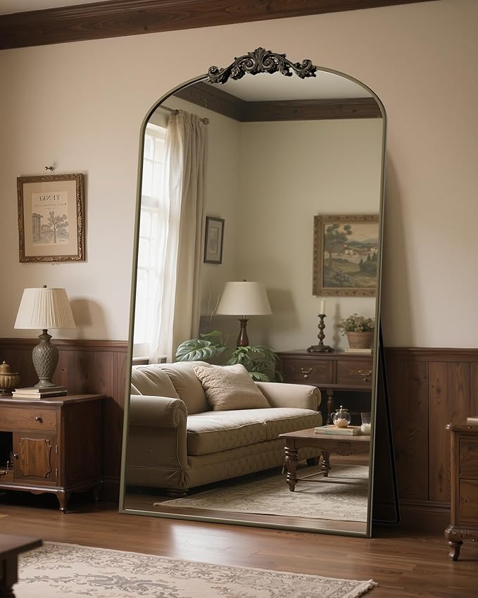 Antok Arched Full Length Mirror, 82"x44" Floor Mirror with Carved, Full Body Mirrors for HomeDecor, Standing/Halling Large Wall Mirror for Bedroom, Living Room, Cloakroom, Bronze, Vintage Style