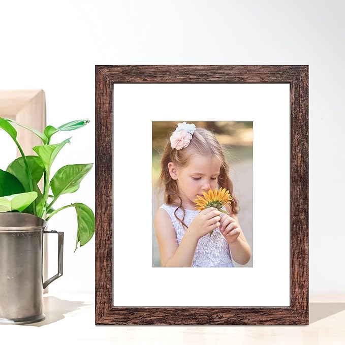 SESEAT 8x10 Picture Frame Set of 10, Display Pictures 5x7 with Mat or 8x10 Prints without Mat, Wall Mounting or Tabletop, Brown