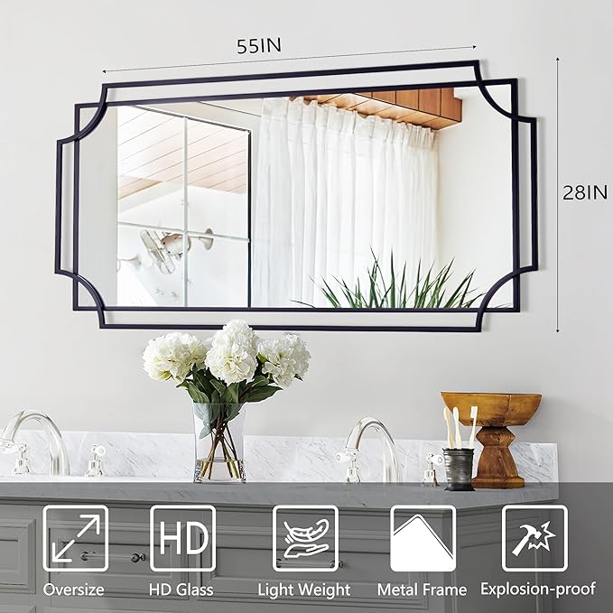 55'' x 28'' Large Modern Rectangular Wall Mirror, Black Frame with Scalloped Design, Living Room, Entryway, Bathroom Decor