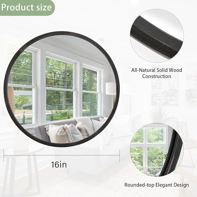 JJUUYOU JJUYOU Black Circle Wall Mirror - Round Wood Framed Mirror for Bathroom, Living Room, Vanity, Bedroom - 16 Inch