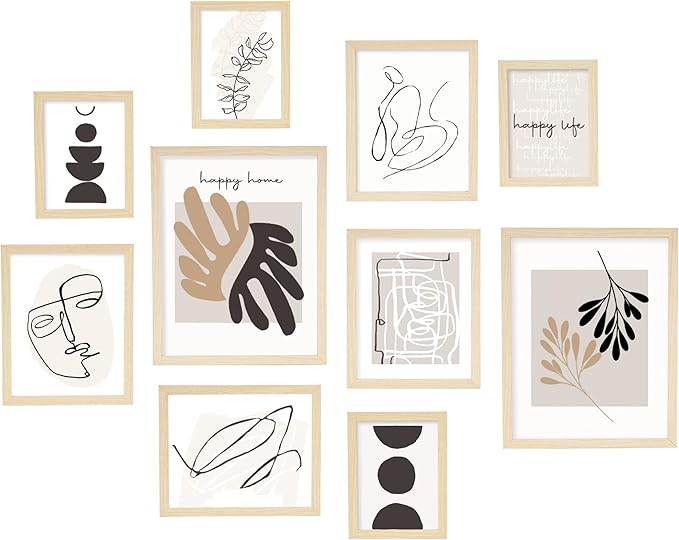 ArtbyHannah Neutral Gallery Wall Frames Set of 10 with Decorative Minimalist Art Prints and Picture Frame Set Wall Art Decor for Modern Home Decoration, Assorted Size 6x8 x4, 8x10 x4, 11x14 x2