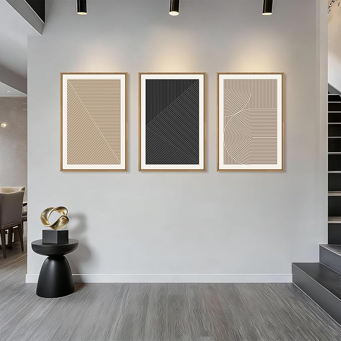 HPNIUB Abstract Neutral Framed Wall Art Set,Mid Century Modern Wall Decor,Boho Geometric Line Art Print,Beige Minimalist Textured Artwork for Living Room, Bedroom,Office-16''x24''x3