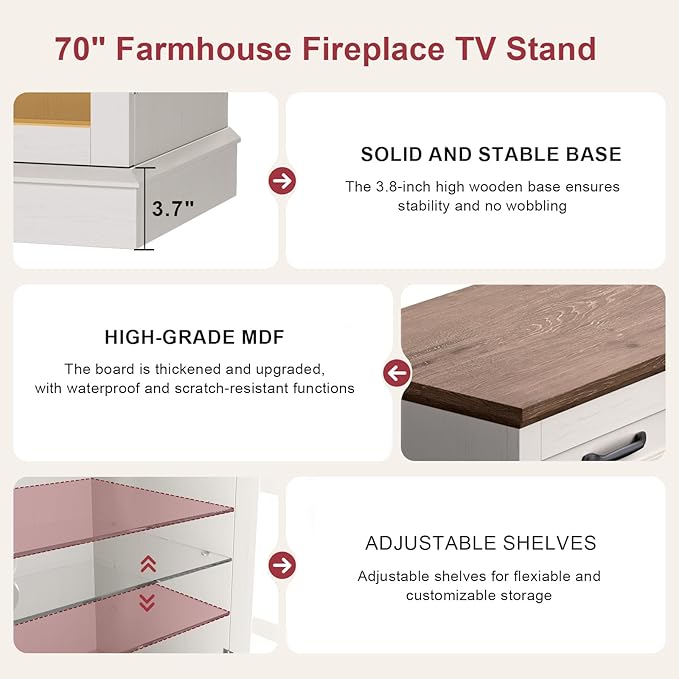 80" TV Stand with 36" Electric Fireplace, Entertainment Center Console Table for TV up to 90'', Fireplace TV Stand with Open Storage Shelves and Glass Door for Living Room, White