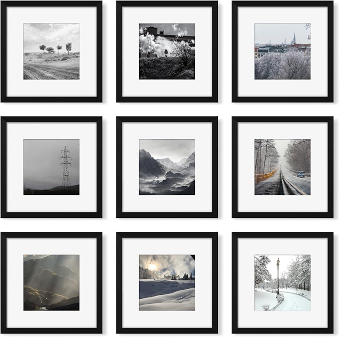YESKAY 12x12 Picture Frame Set of 9, Photo Gallery Wall Frame Set, Display Pictures 8x8 with Mat or 12 x 12 Without Mat, Square Frame Picture Frames Collage Wall Decor, Black