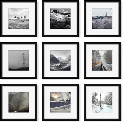 YESKAY 12x12 Picture Frame Set of 9, Photo Gallery Wall Frame Set, Display Pictures 8x8 with Mat or 12 x 12 Without Mat, Square Frame Picture Frames Collage Wall Decor, Black