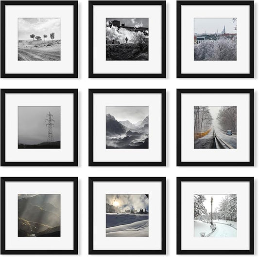 YESKAY 12x12 Picture Frame Set of 9, Photo Gallery Wall Frame Set, Display Pictures 8x8 with Mat or 12 x 12 Without Mat, Square Frame Picture Frames Collage Wall Decor, Black