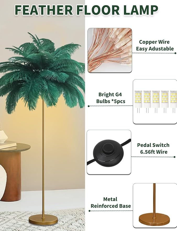 Feather Floor Lamp,Fluffy Ostrich Feather Floor Lamp for Bedroom,3 Color Temperatures Led Corner Modern Floor Lamps for Living Room Christmas Home Decor House Warming Gifts,63″ Height (Dark Green)