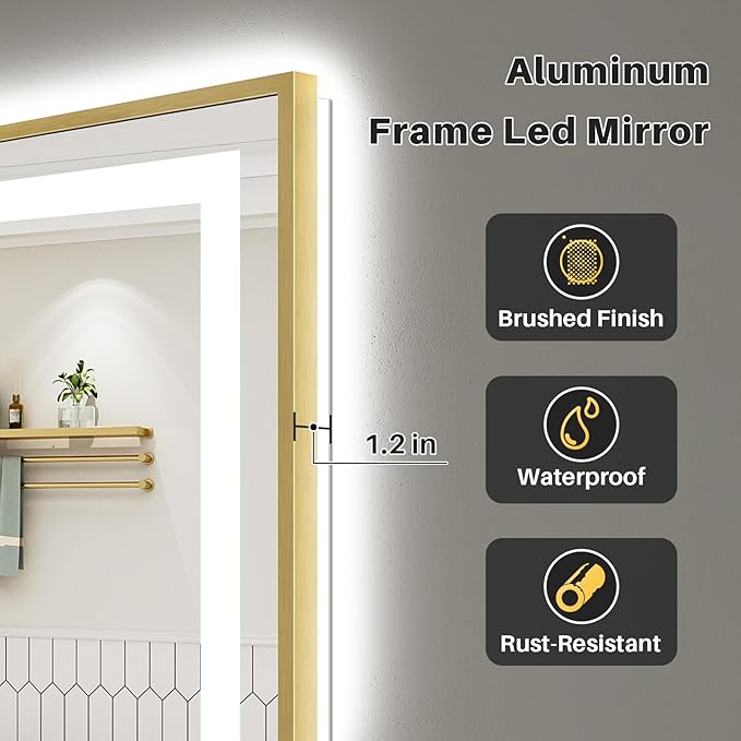 84x40 Inch LED Bathroom Mirror with Gold Frame, Backlit & Front Lit, Anti-Fog Lighted Bathroom Vanity Mirror for Wall, Memory Function, Dimmable, HD Tempered Glass, Shatter-Proof