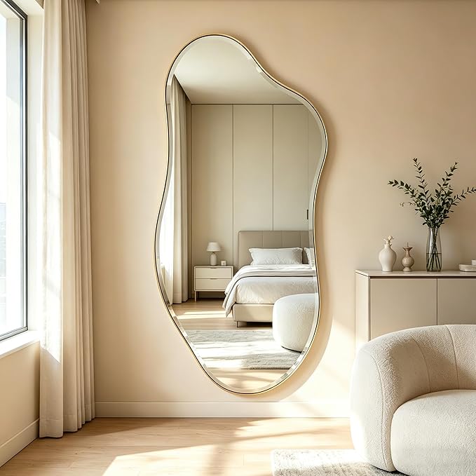 POZINO Large Irregular Beveled Mirror, 63"x31.5" Premium Asymmetrical Full Length Mirror with Gold Metal Frame, Organic Wall Mirrors for Living Room Bedroom Hallway Entryway, Horizontal/Vertical