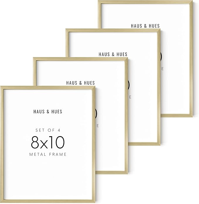 HAUS AND HUES 8x10 Gold Picture Frames - Modern Aluminum Wall Display - Lightweight Frames for Photos and Prints - Ready-to-Hang Vertically & Horizontally (Set of 4)