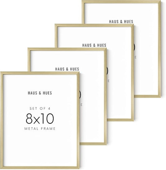 HAUS AND HUES 8x10 Gold Picture Frames - Modern Aluminum Wall Display - Lightweight Frames for Photos and Prints - Ready-to-Hang Vertically & Horizontally (Set of 4)
