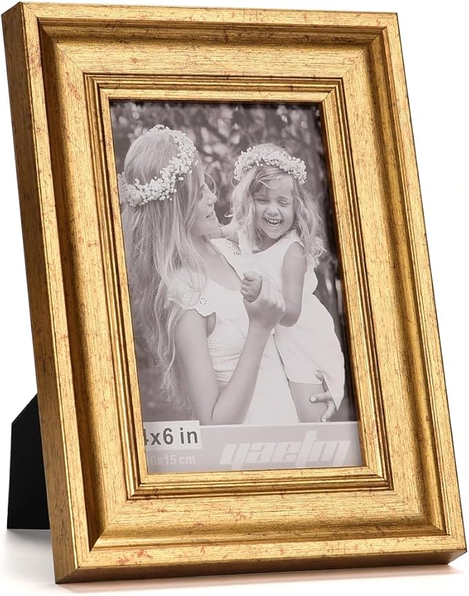 Yaetm 4x6 Gold Picture Frame Set of 4, 1.4” Wide Molding & Rustic Gold Photo Frames with HD Tempered Glass, Display on Tabletop & Wall Mounting