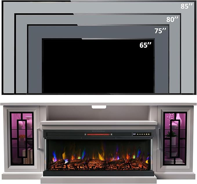 75 Inch Electric Fireplace TV Stand, 3- Side Glass LED Modern Media Entertainment Center Console Table for TVs up to 80/85 Inch w/Adjustable Flame, 40’’ Fireplace, Highboy, Antique White