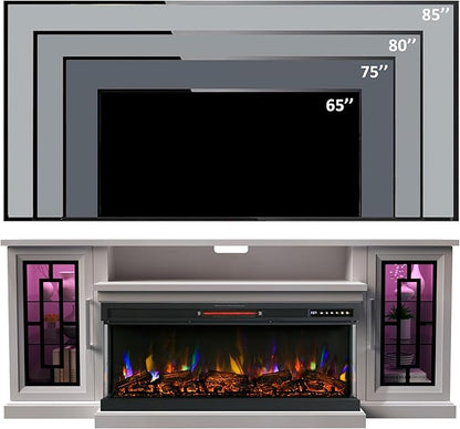 75 Inch Electric Fireplace TV Stand, 3- Side Glass LED Modern Media Entertainment Center Console Table for TVs up to 80/85 Inch w/Adjustable Flame, 40’’ Fireplace, Highboy, Antique White