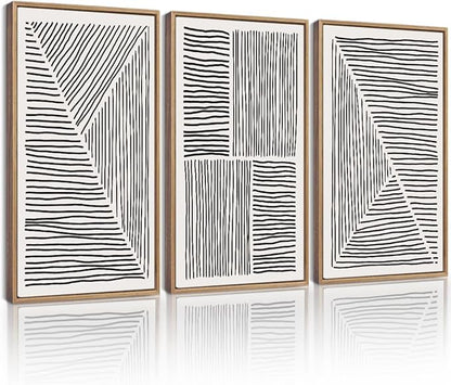 Drsoum Mid-Century Modern Framed Wall Art Large 16x24in Minimalist Abstract Boho Black Line Wall Decor Geometric Artwork Kitchen Dining Room Natural Framed