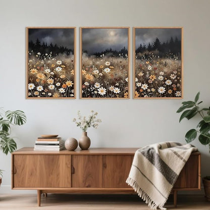 Moody Wildflower Framed Canvas Wall Art Set, Calming Nature Dark Floral Wall Decor, Boho Misty Forest Botanical Meadow Artwork Modern Landscape Print for Living Room,Bedroom-24 x36 x3