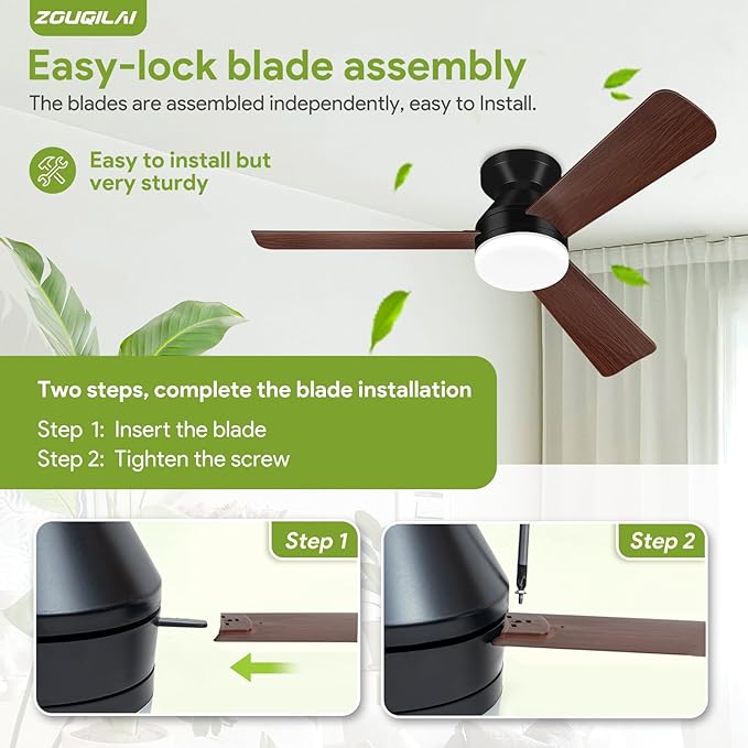 Ceiling Fans with Lights - 42 Inch Low Profile Ceiling Fan with Light and Remote, Reversible DC Motors, 3CCT Dimmable Noiseless, Black&Wood Flush Mount Ceiling Fan for Bedroom/Living Room